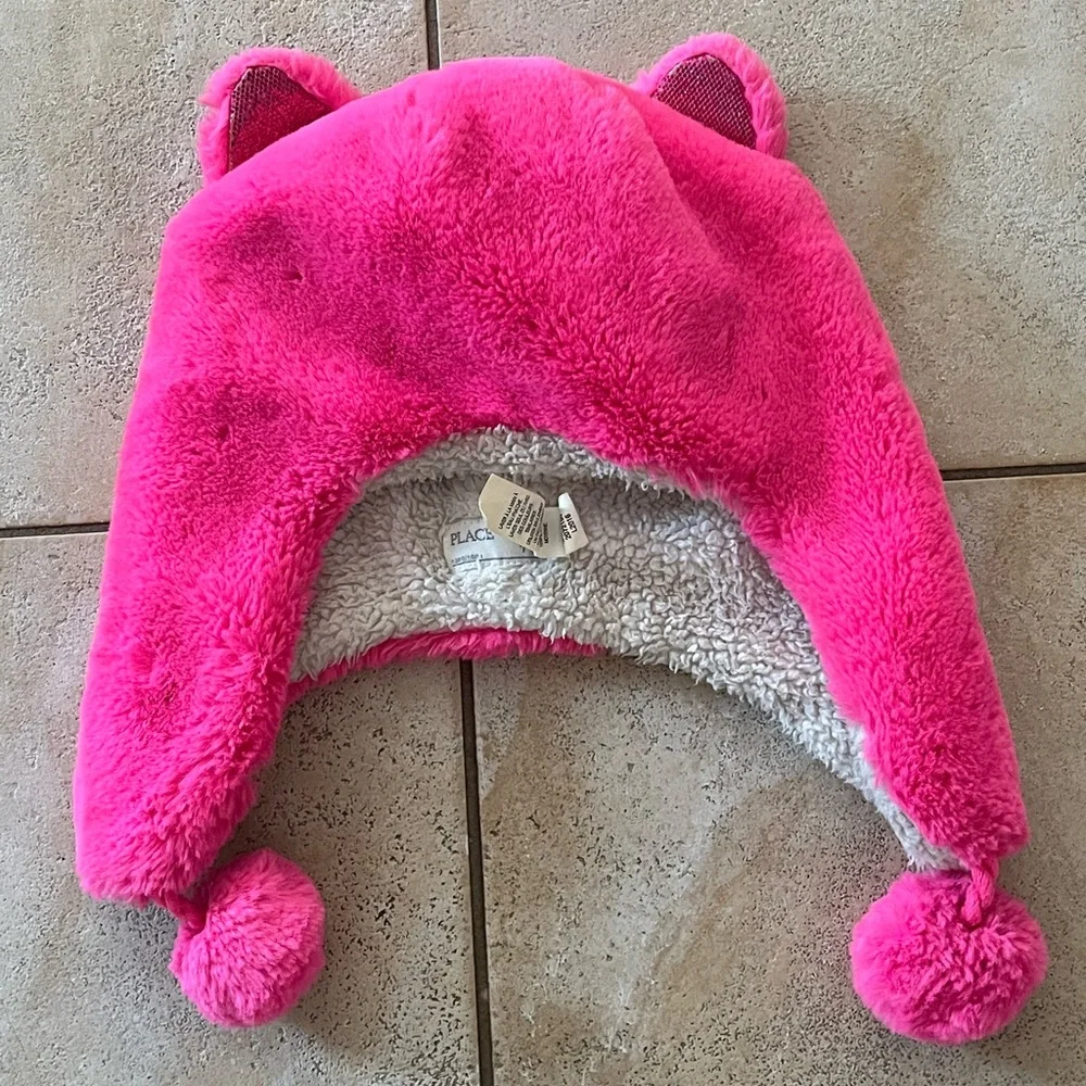The Children's Place Girls Hot Pink Glitter Cat Plush & Warm Hat Size 4-7